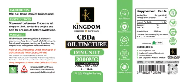 KINGDOM WELLNESS CBDa Oil Tincture - Immunity - label - Kingdom Wellness & Dispensary