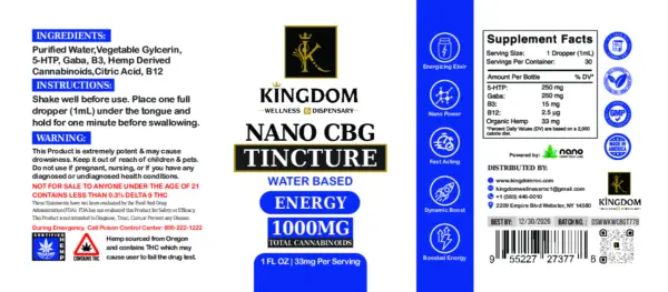 CBG Nano Water Tincture - Energy - Kingdom Wellness & Dispensary label