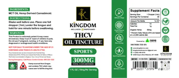 THCV Tincture Oil - Sports - Kingdom Wellness & Dispensary label